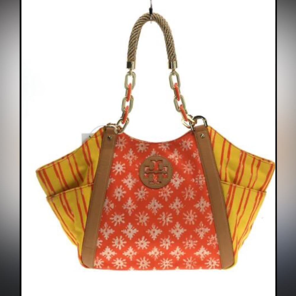 Tory Burch EUC Canvas Orange and Yellow Chain Shoulder Bag
